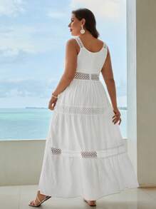 SHEIN VCAY Plus Contrast Lace Ruffle Hem Cami Dress - White - View 3