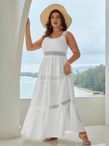 SHEIN VCAY Plus Contrast Lace Ruffle Hem Cami Dress - White - View 4