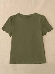 SHEIN LUNE Plus Solid Eyelet Embroidery Scallop Trim Tee - Army Green - View 2