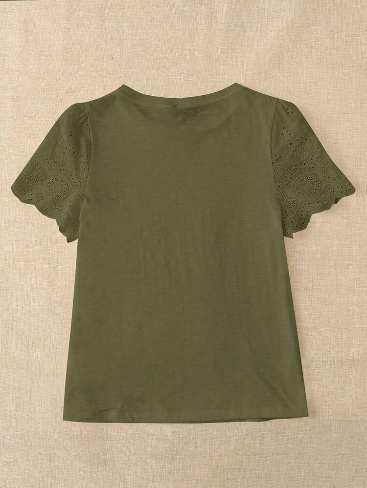 Plus Solid Eyelet Embroidery Scallop Trim Tee