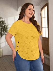 SHEIN LUNE Plus Button Detail Curved Hem Schiffy Tee - Yellow - View 5