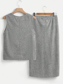 SHEIN LUNE Plus Ribbed Knit Tank Top & Drawstring Waist Split Thigh Skirt - Grey - View 2