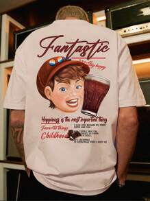 Manfinity EMRG Men Slogan & Figure Graphic Drop Shoulder Tee - Apricot - View 1