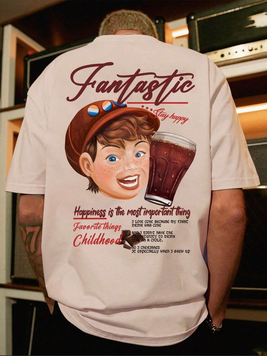 Manfinity EMRG Men Slogan & Figure Graphic Drop Shoulder Tee - Apricot - View 1