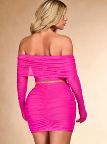 SHEIN BAE Top corto de malla fruncido con hombros descubiertos y falda ajustada - Rosa Fucsia - Ver 4