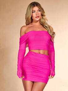 SHEIN BAE Top corto de malla fruncido con hombros descubiertos y falda ajustada - Rosa Fucsia - Ver 2