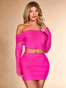 SHEIN BAE Top corto de malla fruncido con hombros descubiertos y falda ajustada - Rosa Fucsia - Ver 7
