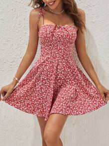 Soleia Đầm Thắt nút Dây kéo Họa tiết hoa Boho - Đỏ và trắng - Xem 3