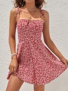 Soleia Đầm Thắt nút Dây kéo Họa tiết hoa Boho - Đỏ và trắng - Xem 1