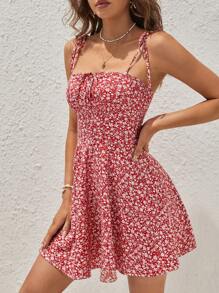 Soleia Đầm Thắt nút Dây kéo Họa tiết hoa Boho - Đỏ và trắng - Xem 4