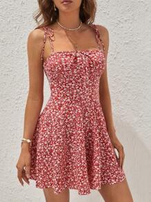 Soleia Đầm Thắt nút Dây kéo Họa tiết hoa Boho - Đỏ và trắng - Xem 6