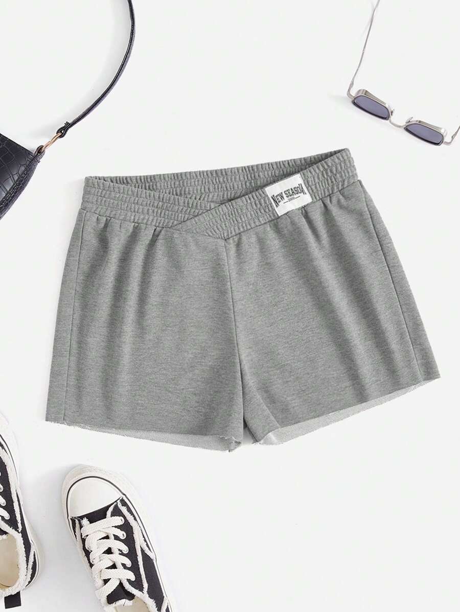 SHEIN EZwear Quần đùi nữ Đắp vá Lá thư Giải trí - Xám - Xem 1