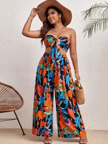 SHEIN VCAY Top bandeau con estampado floral con nudo delantero & Pantalones de pierna ancha - Multicolor - Ver 2