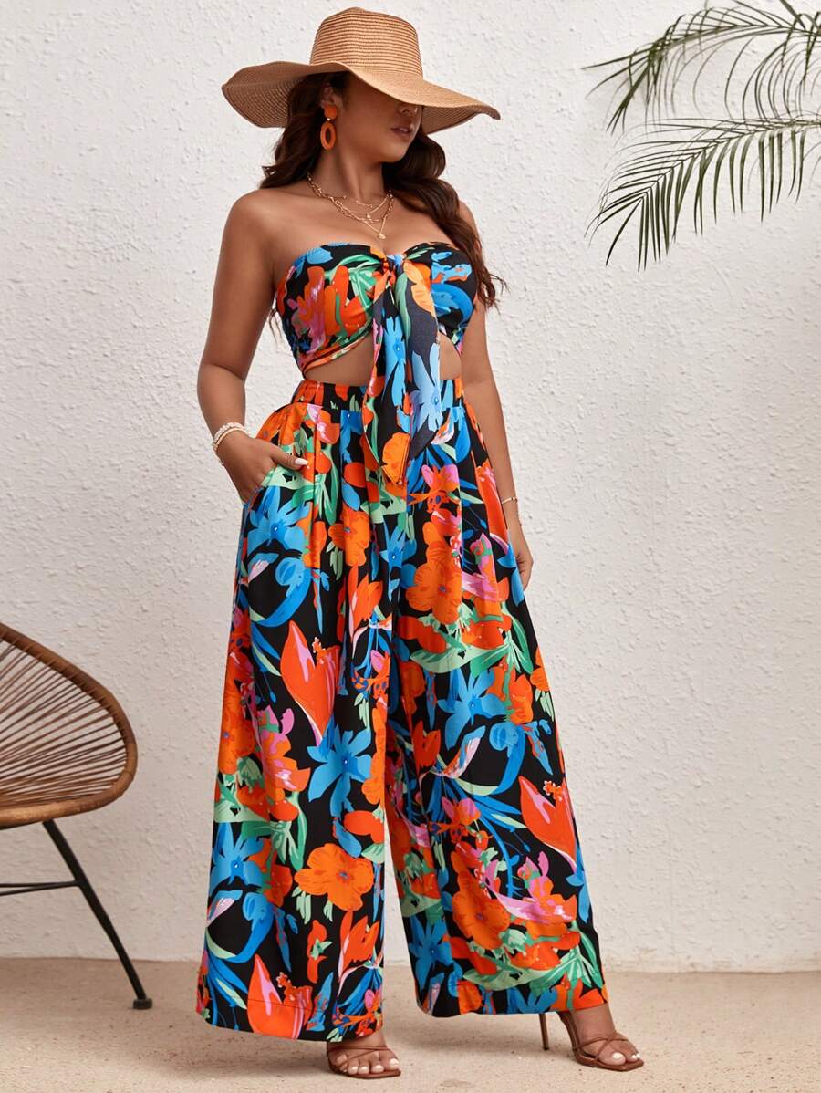 SHEIN VCAY Top bandeau con estampado floral con nudo delantero & Pantalones de pierna ancha - Multicolor - Ver 1