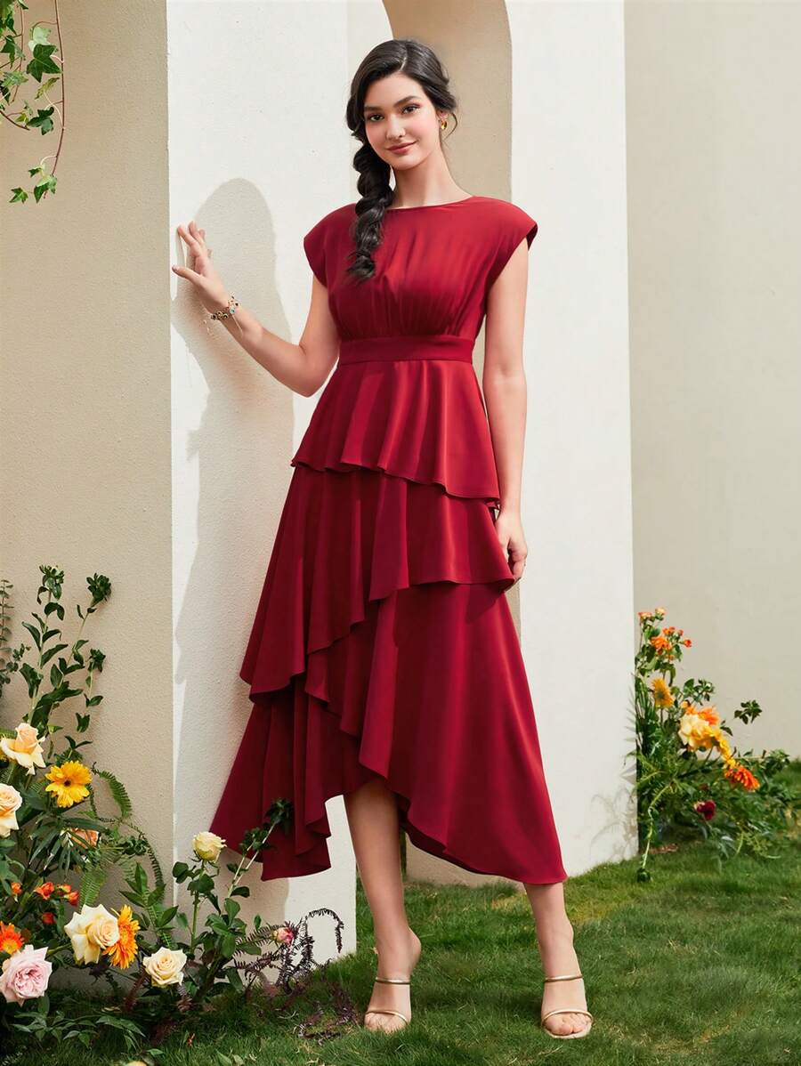 Modelyn Vestido asimétrico de color rojo burdeos - Burdeos - Ver 1