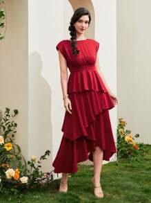 Modelyn Vestido asimétrico de color rojo burdeos - Burdeos - Ver 3