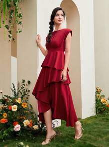 Modelyn Vestido asimétrico de color rojo burdeos - Burdeos - Ver 6