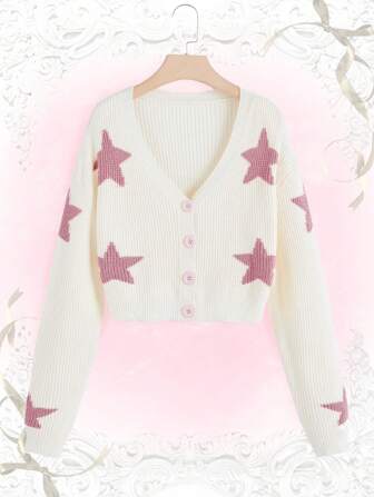 Kawaii Star Pattern Drop Shoulder Cardigan