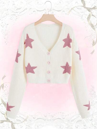 Kawaii Star Pattern Drop Shoulder Cardigan