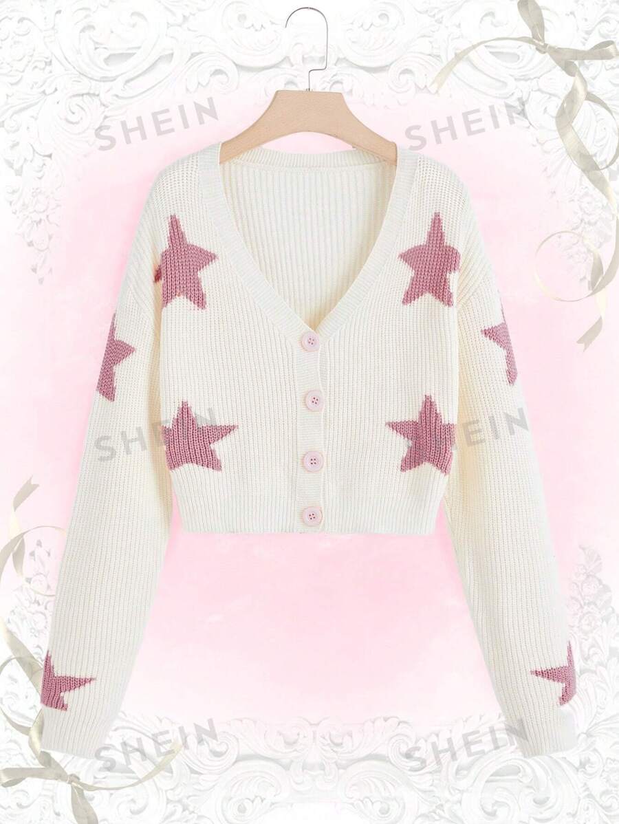 ROMWE Kawaii Cardigan cu umăr căzut cu model stea - Bej - Vizualizare 1