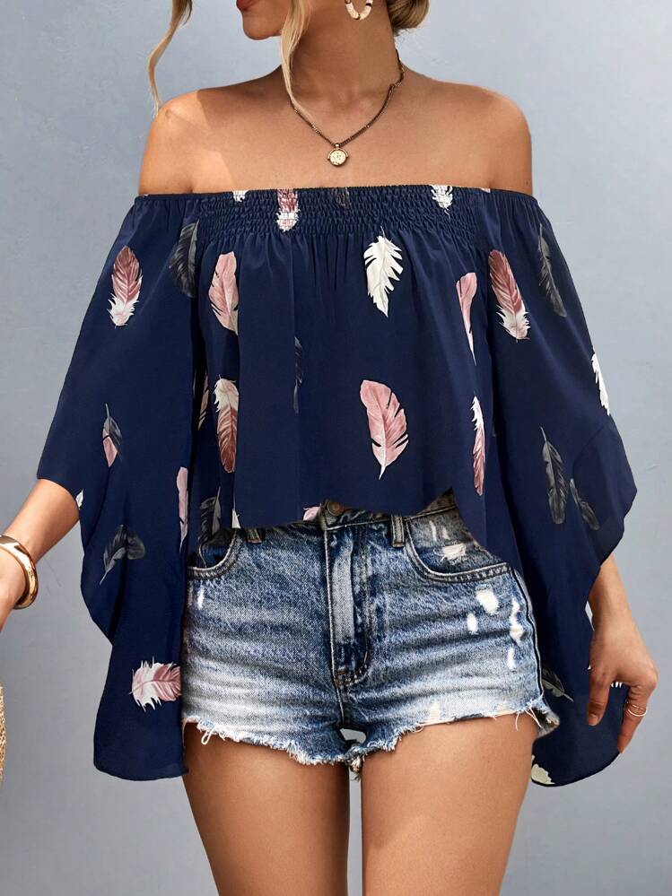 SHEIN LUNE Feather Print Off Shoulder Flounce Sleeve Blouse Fall Cloth For Women - Navy Blue - View 5