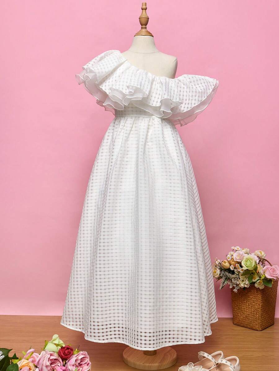 SHEIN 小女童1入組不對稱領荷葉邊洋裝 - 白色 - 查看 1
