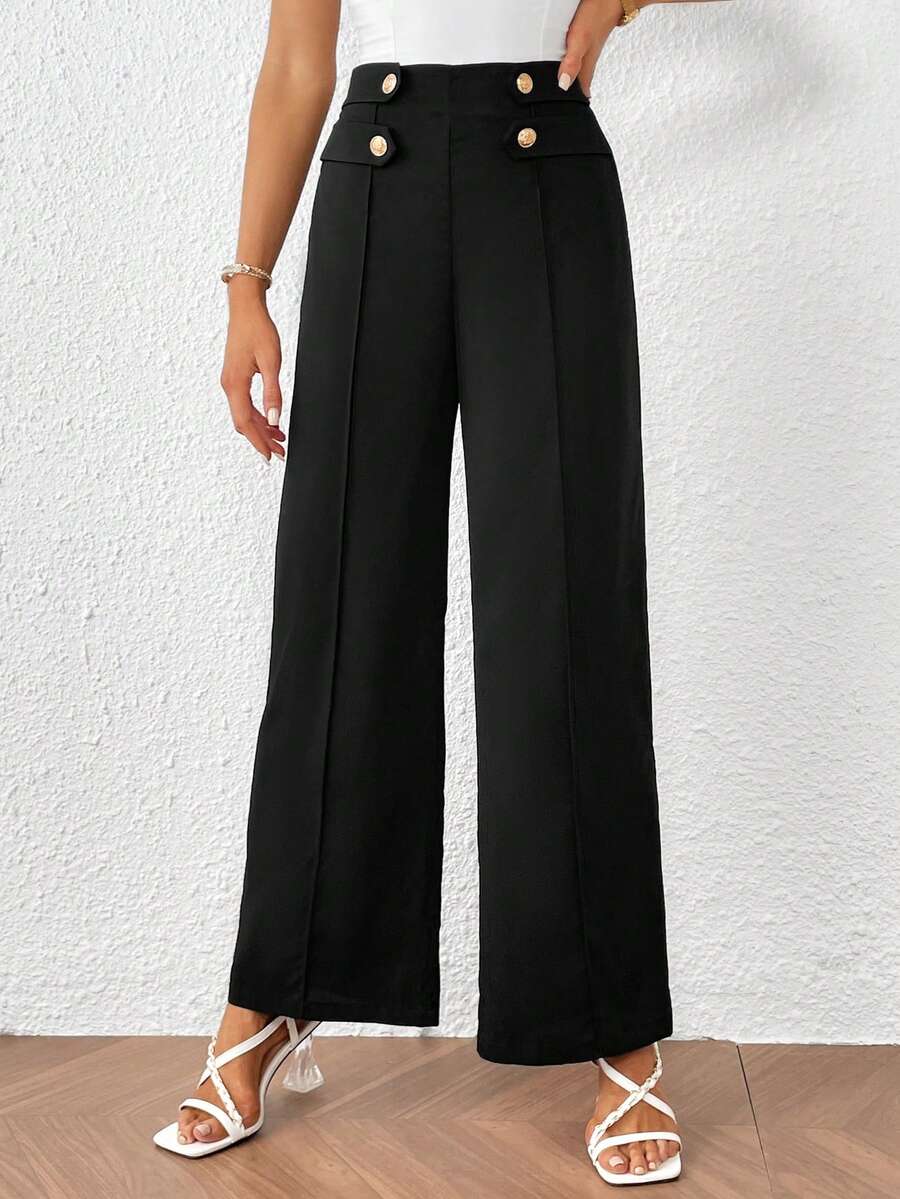 SHEIN Privé Button Detail Wide Leg Pants - Black - View 1