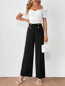 SHEIN Privé Button Detail Wide Leg Pants - Black - View 4