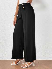 SHEIN Privé Button Detail Wide Leg Pants - Black - View 5