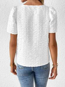 SHEIN Privé Solid Puff Sleeve V Neck Blouse - White - View 2