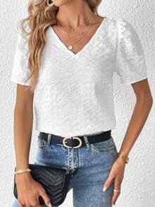 SHEIN Privé Solid Puff Sleeve V Neck Blouse - White - View 4