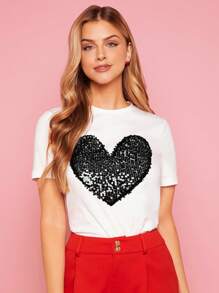 SHEIN Essnce 亮片愛心圖案T恤 - 白色 - 查看 3