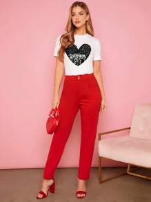 SHEIN Essnce 亮片愛心圖案T恤 - 白色 - 查看 5