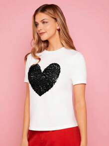 SHEIN Essnce 亮片愛心圖案T恤 - 白色 - 查看 6