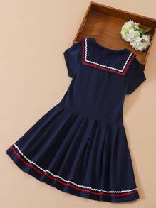 Tween Girl Striped Trim Sailor Collar Pleated Hem Dress