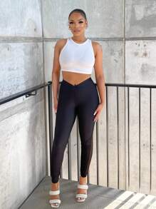 SHEIN SXY 網紗拼接腰部交疊緊身打底褲 - 黑色 - 查看 5