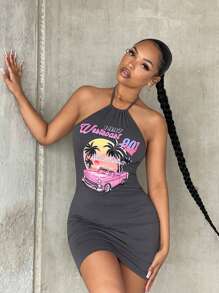 SHEIN SXY Car & Letter Graphic Halter Neck Backless Bodycon Dress - Dark Grey - View 1
