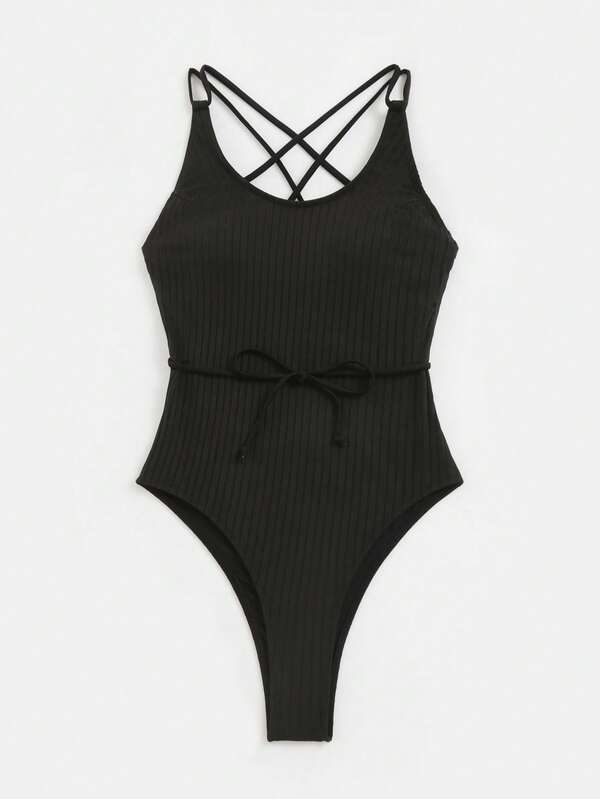 SHEIN Swim Basics Criss Cross Belted One Piece Swimsuit SHEIN USA