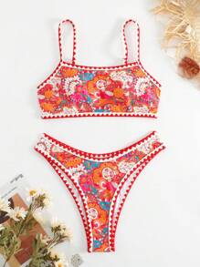 Paisley Print Whip Stitch Bikini Set - Multicolor - View 1