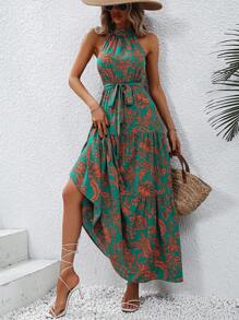 SHEIN LUNE Halter Kleid mit All Over Print Rüschenbesatz, Gürtel,