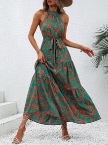 SHEIN LUNE Halter Kleid mit All Over Print Rüschenbesatz, Gürtel,
