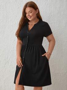 SHEIN Frenchy 大碼前排扣隱藏口袋連衣裙 - 黑色 - 查看 5