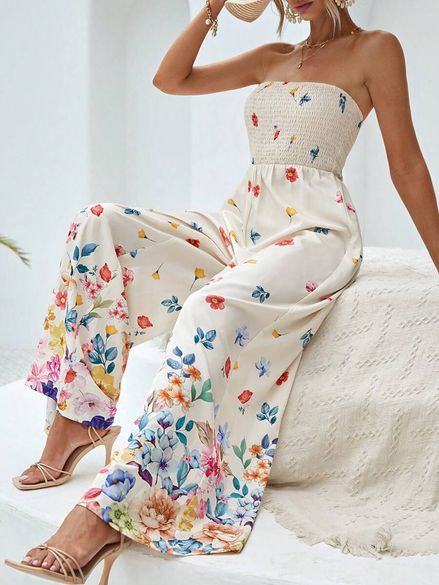 SHEIN VCAY Floral Print Tube Wide Leg Jumpsuit - Multicolor - View 1