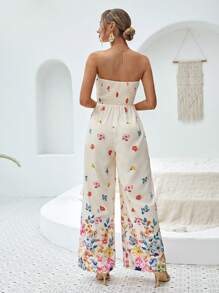 SHEIN VCAY Floral Print Tube Wide Leg Jumpsuit - Multicolor - View 4