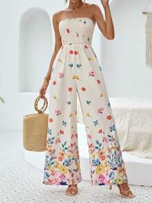SHEIN VCAY Floral Print Tube Wide Leg Jumpsuit - Multicolor - View 2