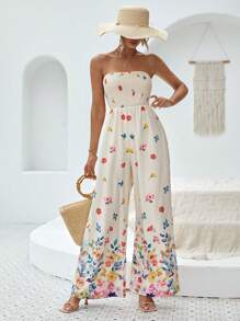 SHEIN VCAY Floral Print Tube Wide Leg Jumpsuit - Multicolor - View 5