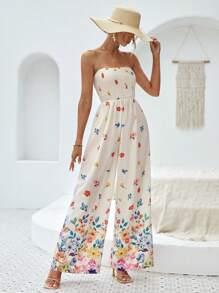 SHEIN VCAY Floral Print Tube Wide Leg Jumpsuit - Multicolor - View 3