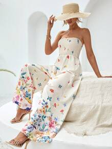 SHEIN VCAY Floral Print Tube Wide Leg Jumpsuit - Multicolor - View 7