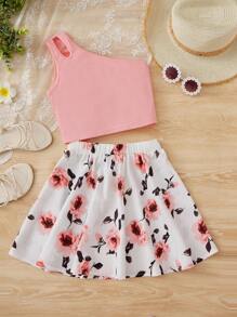 SHEIN Leap Crew Tween Girl One Shoulder Cut Out Top & Floral Print Skirt - Baby Pink - View 1