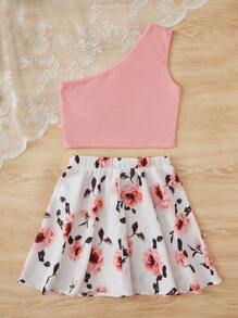 SHEIN Leap Crew Tween Girl One Shoulder Cut Out Top & Floral Print Skirt - Baby Pink - View 2